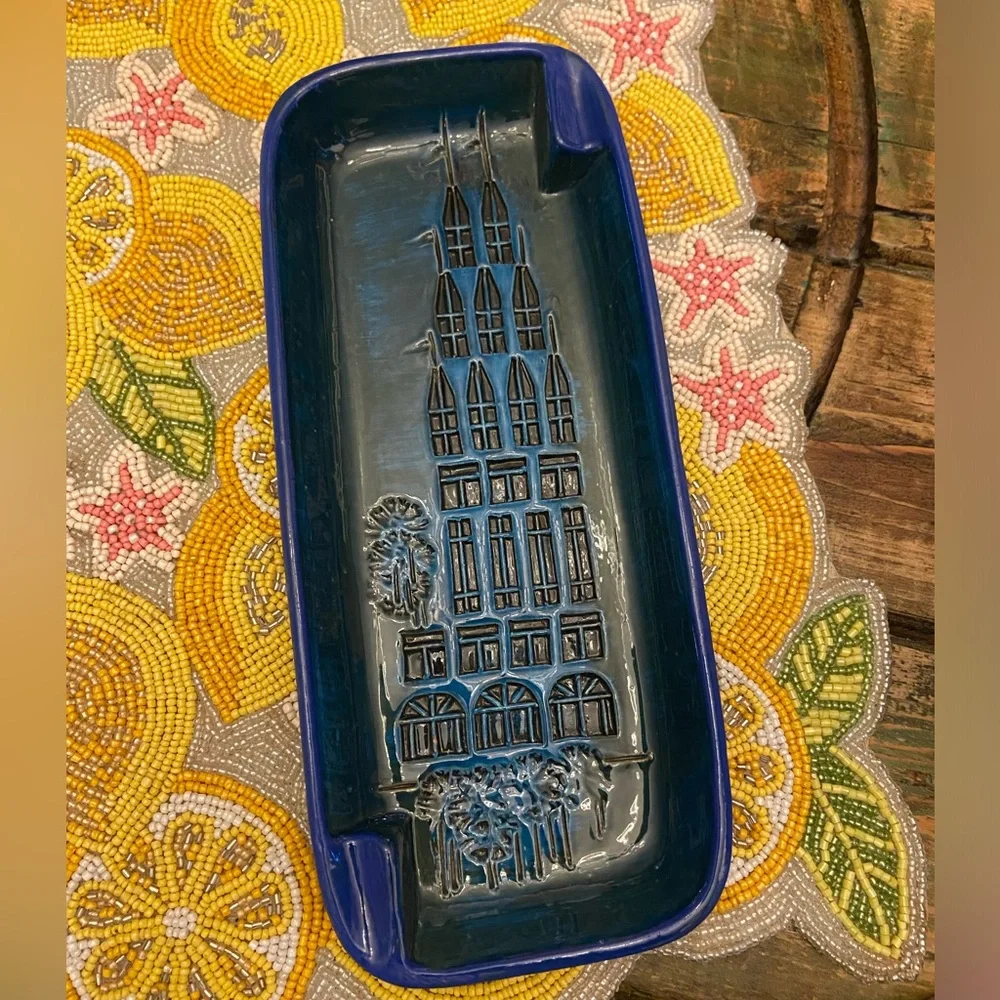 Vintage Bitossi Blue Glaze Campus Pattern Italian Rectangular Plate - Picture 3 of 13